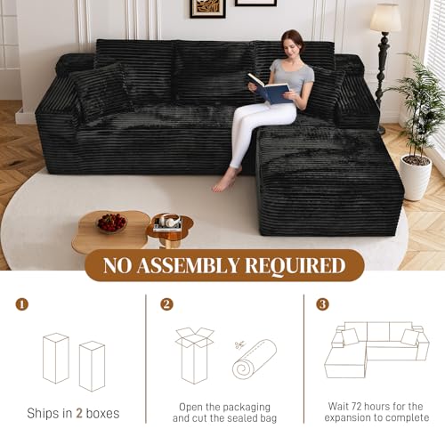 Image of 108 inch L Shaped Boneless Sectional Couches for Living Room, Comfy Corduroy Floor Cloud Sofa with Chaise, Wide Armrest, Deep Seat, Memory Foam, Assembly Free, Ideal for Small Spaces, Black