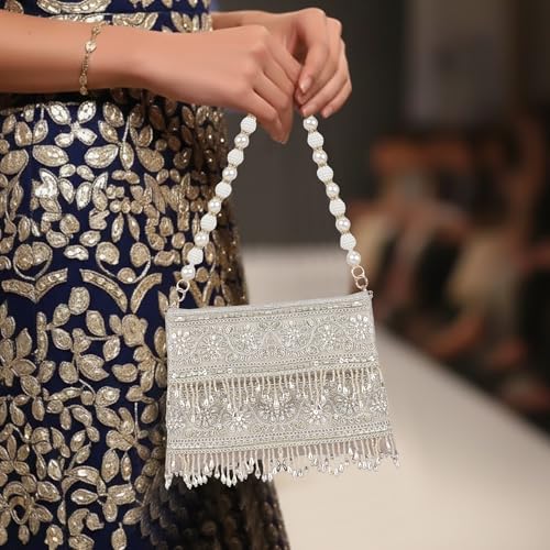 Image of Nevis PU Silk Fabric Women's Embellished bride Clutch with Pearl Handle | Fancy Designe & Wedding Potli Bag for Festive & Evening
