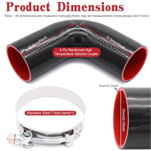 Image of 90 Degree Elbow Coupler Silicone Hose 4-Ply 2.75-inch(70mm) for Turbo /Intercooler /Intake Piping,Length 120mm Thickness 5mm with T-Bolt Clamp