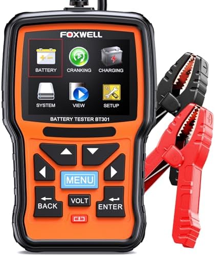 FOXWELL BT301 12V Car Battery Tester Battery Load Tester 100-2000CCA Automotive Battery Tester Digital Alternator Tester Cranking Charging Checker for Marine Truck Car Boat SUVs Motorcycle