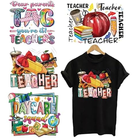 Doneace Teacher Iron on Transfers for T-Shirt Pencil Apples Iron on Patches Teachers Day Vinyl Heat Transfer Stickers Cute Back To School Theme Iron on Decals for Clothes Pillow Hoodie DIY Crafts 4Pcs Cover