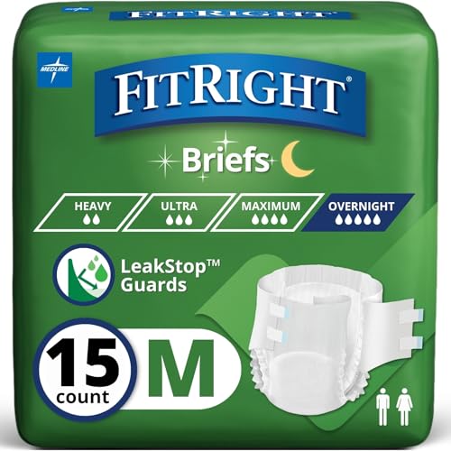 Medline MTB80300Z Extended Wear Overnight Adult Brief with Tabs, Maximum Absorbency, Medium, Pack of 15