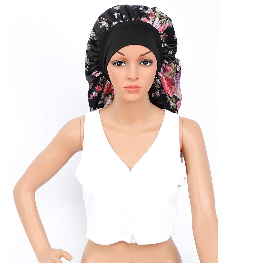 Extra Long Satin Hair Silk Bonnet for Black Women, Breathable Inner Layer Lace, Double Layer Night Sleeping Cap for Braids,Silk Hair Bonnet Wrap for Curly Hair Sleeping (Extra Long Black Floral)