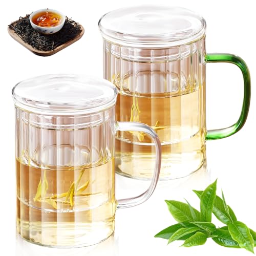 Leikurvo Juego de 2 tazas de té con tapa y colador, 400 ml, vidrio de té resistente al calor con asas de color de vidrio de borosilicato (mango transparente + mango verde)