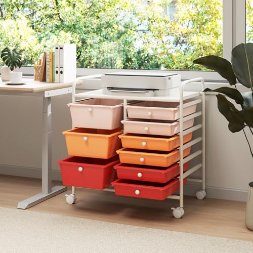 Image of LDAILY 9 Drawer Rolling Storage Cart, Rolling Cart with Drawers for Classroom, Art Supply Craft Organizer on Wheel with Metal Frame & Handles for Home Office School