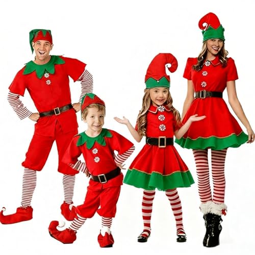 Modaworld Déguisement Lutin de Noël pour Adulte, Garçon et Fille - Ensemble de Costumes d'Elfe Vert avec Sweatshirt Santa à Manches Longues - Inclut Jupe, Ceinture, Chapeau, Chaussettes et Oreilles