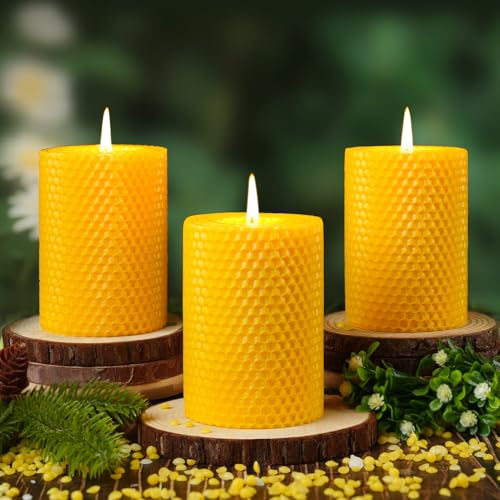 Image of Beeswax Pillar Candles,Non-Toxic Honeycomb Bees Wax Candle for Home,Yellow