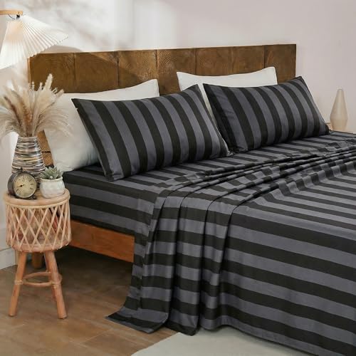 Image of Merryword 100% Cotton Sheet Set Full Size - Black and Gray Stripes Bedding, Soft Breathable Percale Weave, Wide Stripe Deep Pocket Sheet 17.5 inch, Luxury Linen Like, 4-Piece All Season Bedding