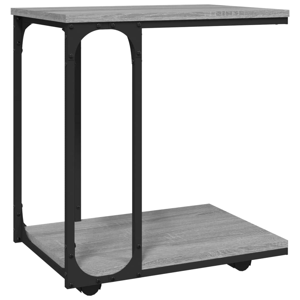 Mesa auxiliar con ruedas en forma de C, mesa de centro móvil con estante para salón y dormitorio, mesa de sofá estable de madera y acero, gris Sonoma, 50 x 35 x 55,5 cm
