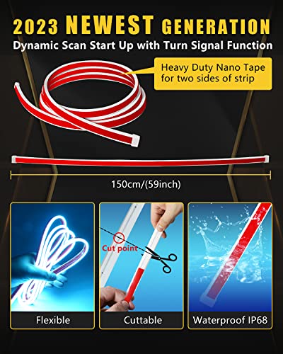 Dynamic Scan Start Up Hood Light Strip Sequential Flowing Turn Signal Lights Flexible Car Led Light Strip Exterior Drl Daytime Running Headlight,Dual Color Amber Ice Blue Switchback 12V 59Inch (1Set) #TOP3