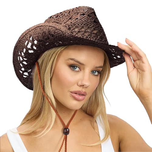 Image of DRESHOW Straw Cowboy Cowgirl Hat for Women Men Western Coastal Cowboy Beach Hat with Shapeable Brim Unisex Rolled up Caps