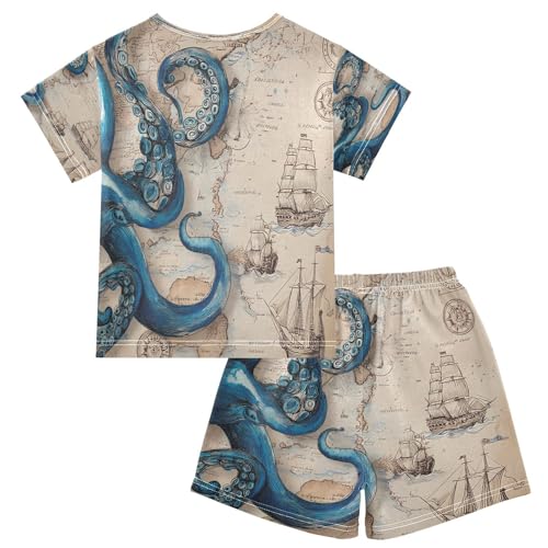 ALAZA Nautical Map Blue Octopus Watercolor Pajamas Set Short Sleeve Cotton Sleepwear Summer Pjs 2 Piece 5-14Y2