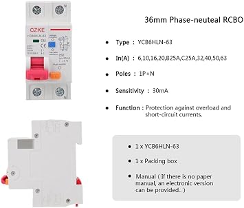 BUDAY 30mA RCBO MCB 230V 50/60 Hz Residual Current Circuit Breaker with Over Current and Leakage Protection 6/10/16/20/25/32/40A (Color : 1P N, Size : 6A)