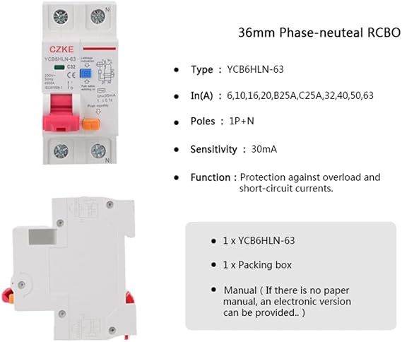BUDAY 30mA RCBO MCB 230V 50/60 Hz Residual Current Circuit Breaker with Over Current and Leakage Protection 6/10/16/20/25/32/40A (Color : 1P N, Size : 6A)