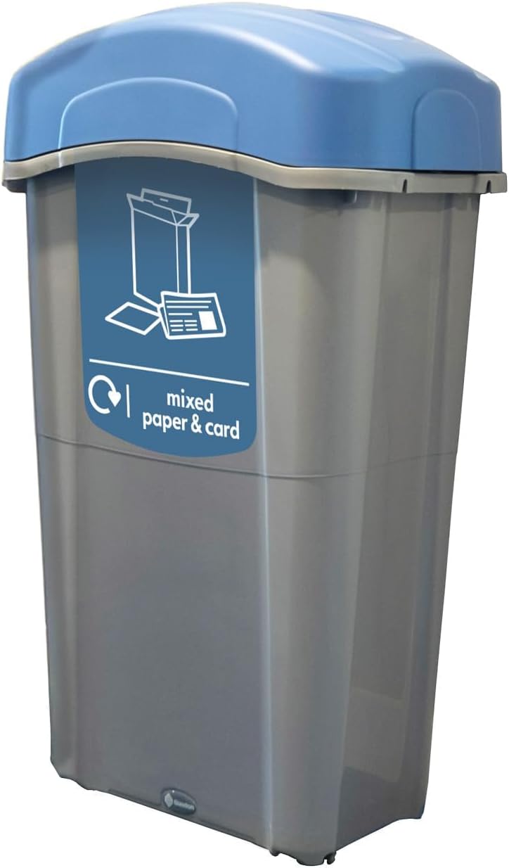 Eco Nexus 85 Mixed Paper & Card Recycling Bin (Grey, Pastel Blue Sticker) – 85-Litre Mixed Waste Bin with Narrow Footprint – Slim Indoor Recycling Container