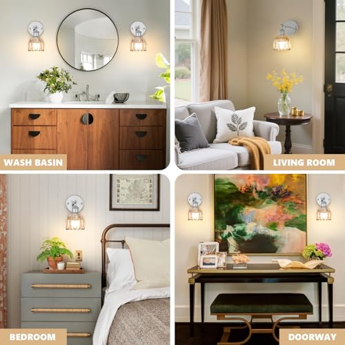 Image of Vintage Battery Operated Wall Sconce, Amber Tulip Glass Lampshade Wireless Rechargeable Battery Powered LED Wall Light with Remote Dimmable for Bedside Bedroom Living Room, Silver, Set of 2
