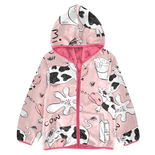 OTVEE Funny Cows and Milk Pink Pattern Kids Hoodie Jacket Fall Spring Full Zip Warm Outwear Coat