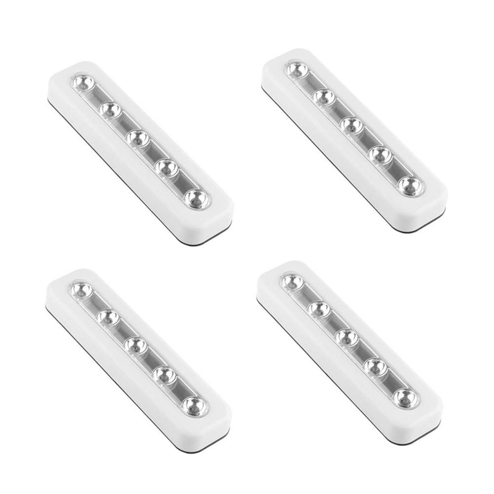 WeFoonLo Pack of 4, DIY Stick-on 5 LED Touch Tap Lights Battery-Powered Push Night Light for Closets, Cabinets, Cupboard, Hallway, Stairs, Attics, Garages, Car, Sheds, Storage Room (White)