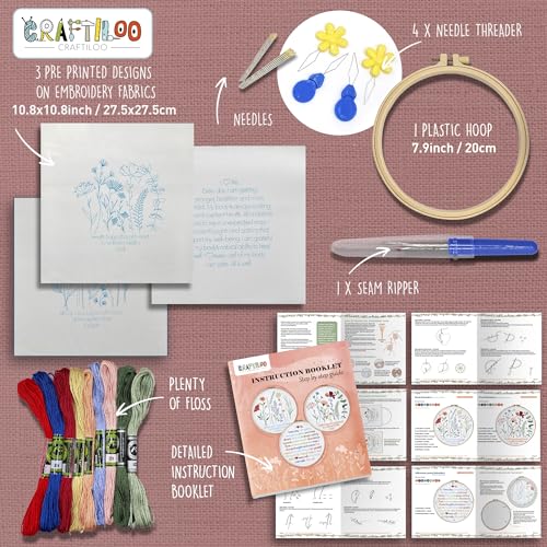 Image of CRAFTILOO Embroidery Kits for Adults Hand Embroidery kit for Beginners with Stamped Embroidery Patterns Starter Embroidery Kit. Needlepoint kit Cross Stitch kit for Teens& Adults Flowers