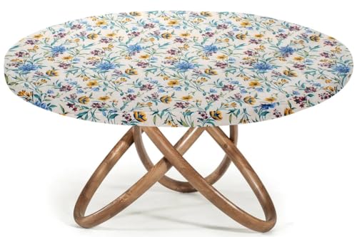 Image of The Furnishing Tree Elastic Cotton Round Dining Table Cover 54x54 in Inches Floral Golden Leaf on offwhite Base
