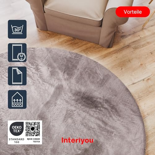 Interiyou Fargo - Teppich Wohnzimmer 80x80 cm Rund Grau - Kurzflor Waschbar und rutschfest - Flauschiger Fellteppich aus Kunstfell - weicher Langflor Fell