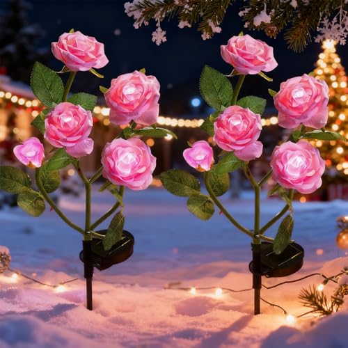 Lumières solaires Jardin-Lumières de chemin solaires Lampes solaires à LED extérieures décoratives avec 10 fleurs roses, pour la décoration de allée de allée de jardin de pelouse imperméable (rose)