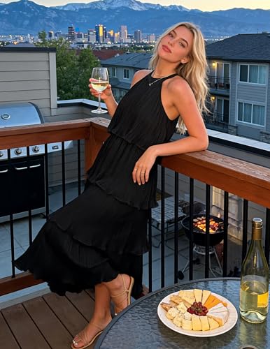 Image of ZESICA Women's 2026 Summer Sleeveless Halter Neck Ruffle Tiered Layered Chiffon Flowy Swing Long Midi Dress