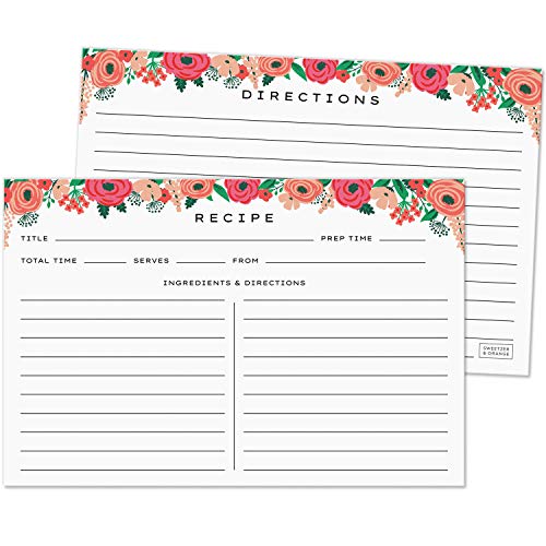 Sweetzer & Orange 4x6 Recipe Cards. Set of 50 Floral, Blank Kitchen Sheets 4x6 Inches Double Sided. Large Cooking Index Paper Fits Standard 4x6 Recipe Box Perfect for Organizing & Preserving
