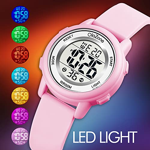 Kids Watch Girls Digital 7-Color Flashing Light Water Resistant 164FT Alarm for Age 7-123