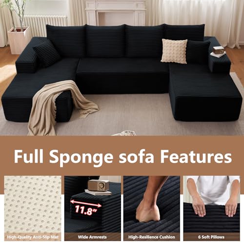 Image of 134.2 inch Modular Sectional Sofa, Modern Corduroy Cloud Couch with Deep Seat, Boneless Couch Upholstered 4-Seater U-Shaped Sofa for Living Room, No Assembly Required (Black)