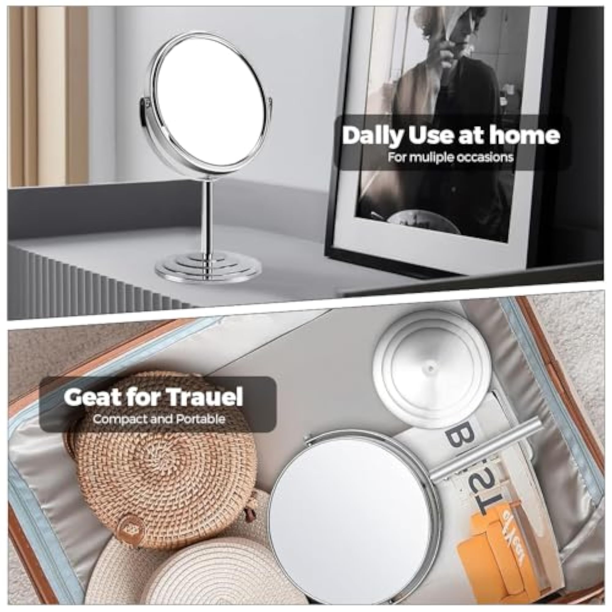 Double Sided Vanity Tabletop Mirror, Travel Essential