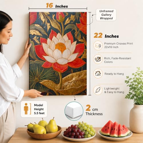 Image of PAINTINGMANTRA Traditional Indian Textured Embossed Lotus Canvas Wall Art Painting for wall decoration, Red & Gold Blooming Lotus Motifs Stretched Canvas Painting for living room, bedroom, Home and office, 16x22 Inch