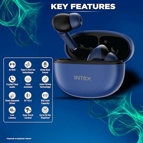 Image of Intex Buds AERO TWS Bluetooth Earbuds with AI ENC, Deep Bass, 13mm Driver, Type-C Fast Charging, 32H Playtime, Low Latency, Touch Control, Voice Assistant, Wireless Earphones (Dark Blue)