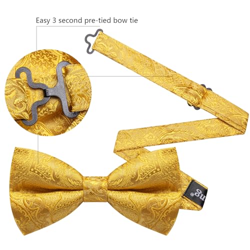 Image of YOHOWA Mens Bow Tie Set Paisley Pre-tied Bowties Adjustable with Handkerchief Cufflinks Gold Ring Set Wedding Prom Party