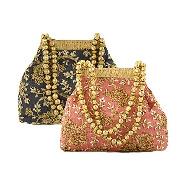 Heart Home Polyester 2 Pieces Embroidered Potli Batwa Pouch Bag for Women (Peach & Grey) HEART2881