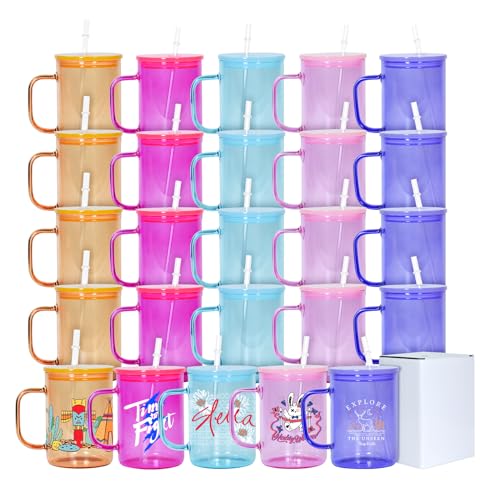 CHLJAR 15 oz Sublimation Glass Blanks with Colorful Lid and Straw, 25 pack Sublimation Glass Cups with Handle, Borosilicate Sublimable Beer Mugs for Beer, Juice, Milk, Coffee, Individual box 5 Colors