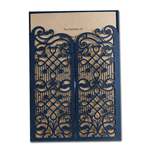 FLZOPYNE Invitations de Mariage Kits 50X Laser Cut Cartes bleu marine porte ouverte pour mariage nuptiales de douche Engagement faveurs parti CW5102 Cover