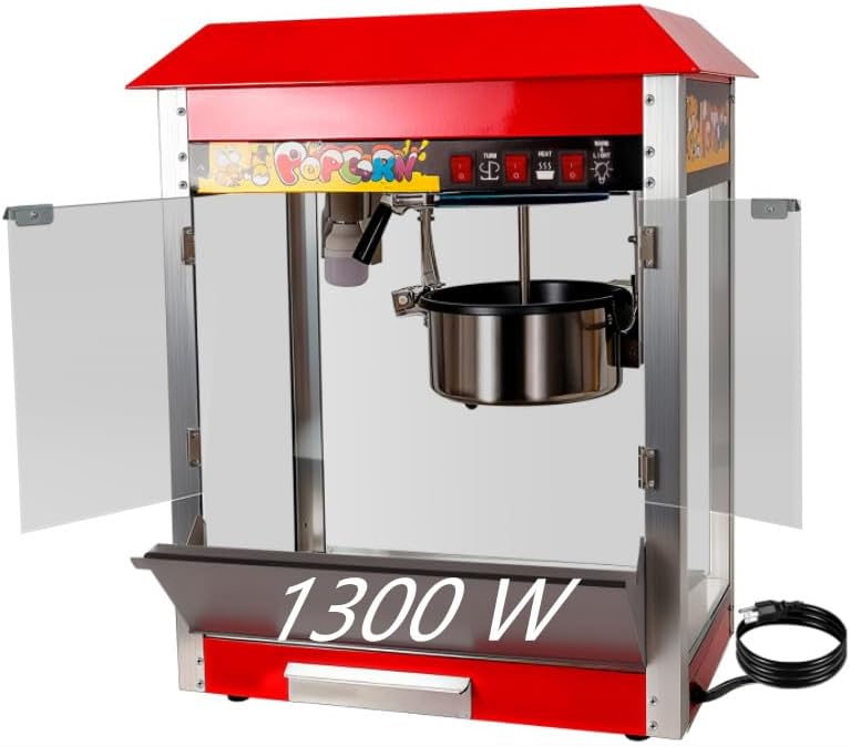 1300W Popcorn Machine Maker Makes Up to 10 Servings, Countertop Popcorn Commercial Popper w3-Switch Control & Tempered Glass Door for Theater