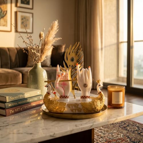 Image of HindCraft Krishna Flute Idol Showpiece for Home Decor - Radha Krishna Hands Statue with Swan Base, Spiritual Decorative Murti for Living Room, Temple, Office, Gift Item