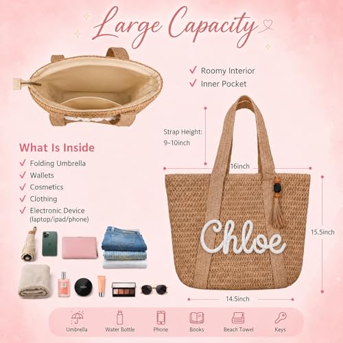 Bolsa grande de playa personalizada de paja para mujer miniatura 5