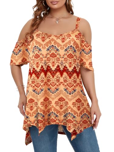 Image of LARACE Cold Shoulder Tops for Womens Summer Clothes Spaghetti Strape Tunic Oversized Shirts Asymmetrical Plus Size Blouse