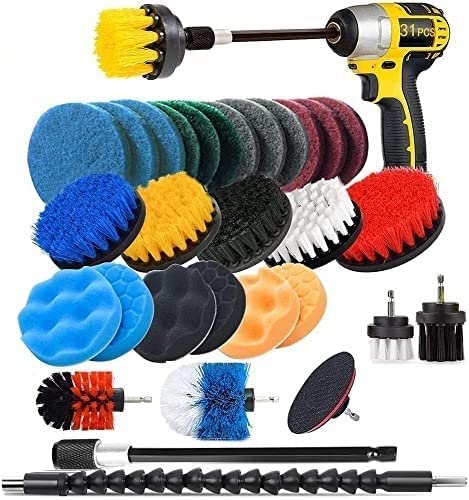 Drill Brush Scrub Pads 31 Piece Power Scrubber Cleaning Kit, Scrub Pads & Sponge, Power Scrubber Brush with Extend Long Attachment-All Purpose Clean for Grout, Tiles, Bathtub, Bathroom