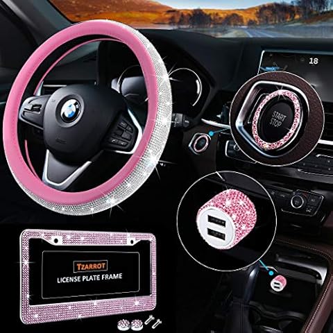 Bling Car Accessories Set, Pink Bling Steering Wheel Cover for Women Universal Fit 15 Inch, Bling License Plate Frame for Women, Crystal Car Decor Set 4pcs (Pink) Cover