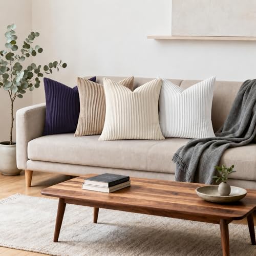 Image of Mecatny Corduroy Decorative Throw Pillow Covers 24x24 Set of 2 for Sofa Living Room, Soft Neutral Boho Couch Pillow Covers for Home Decor, Dusty Purple