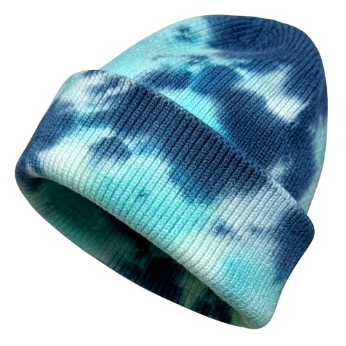 Beanie for Women Men Unisex Tie Dye Cuffed Knit Skull Cap Colorful Gradient Winter Hat Soft Slouchy Warm Less Static Blue
