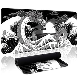 Wave Sea Dragon Gaming Mouse Pad Large Desk Mat Extended Black Keyboard Mouse Pad Gaming Mousepad with Non-Slip Base Stitched Edge Anime Mouse Mat Desk Pad 31.5 X 11.8 Mouse Pads for Desk Home Office