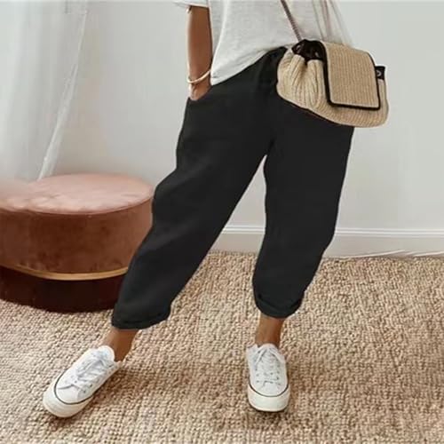 Womens Elastic Waist Straight Leg Loose Pants Summer Casual Cotton Pants High Waisted Trousers with Pockets for Women2