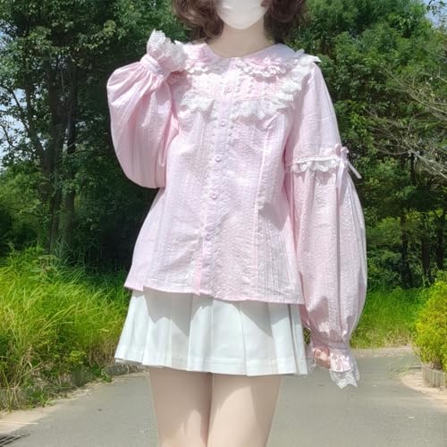 Sweet Cute Lolita Blouses Girls Lace Bow Ruffle Long Sleeve Spring Autumn Shirts Tops2