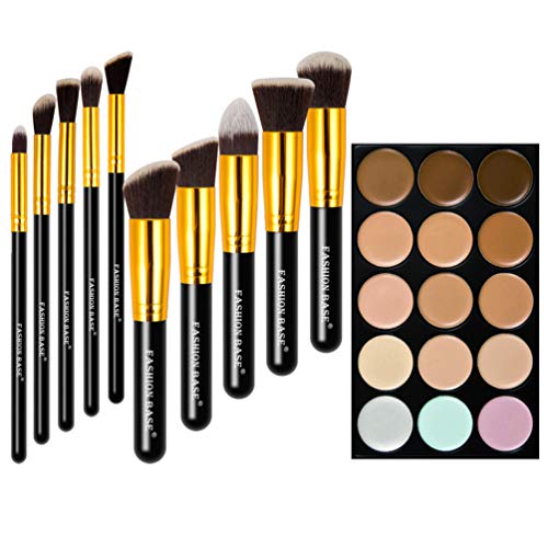 Fashion Base 15 Colors Contour Face Cream Makeup Concealer Palette With 10PCS Makeup Brushes Set Foundation Kabuki Blush Blending Eyeshadow Concealer Brushes (Black Golden)