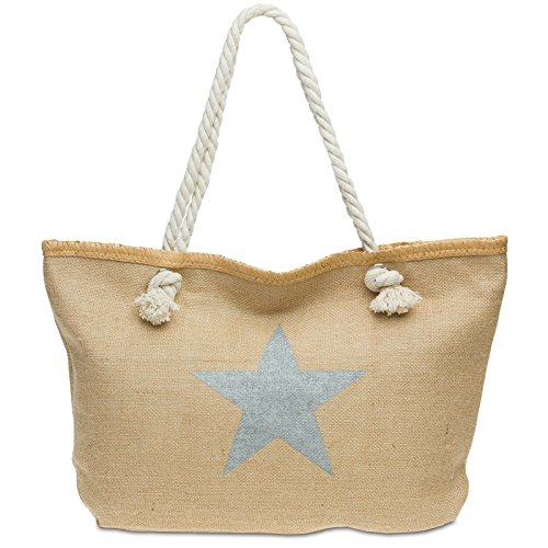 Caspar TS1026 XL Damen Jute Naturfaser Strandtasche/Shopper mit stylischem Stern Print, Farbe:silber, Größe:One Size